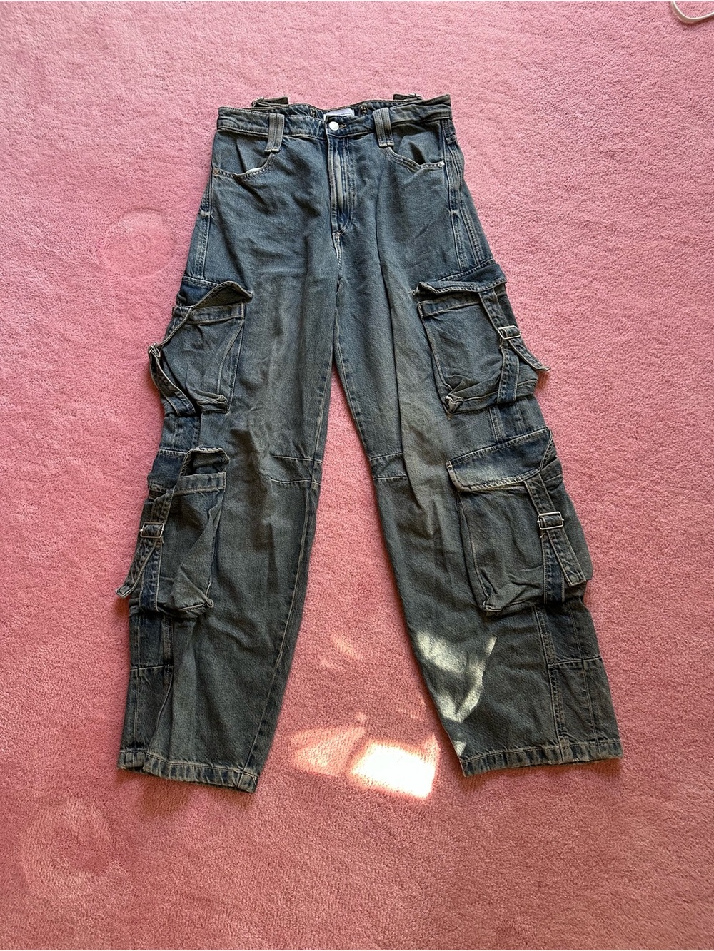 Zara Utility denim cargo pants with buckle strap details on the pockets